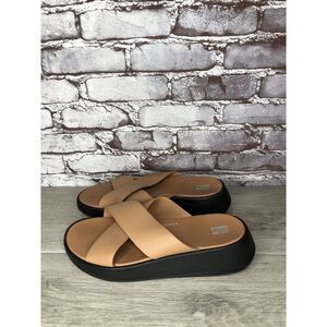 Fitflop F-Mode Brown Leather Flatform Cross Strap Slides Women’s Sz 10M US/42EU